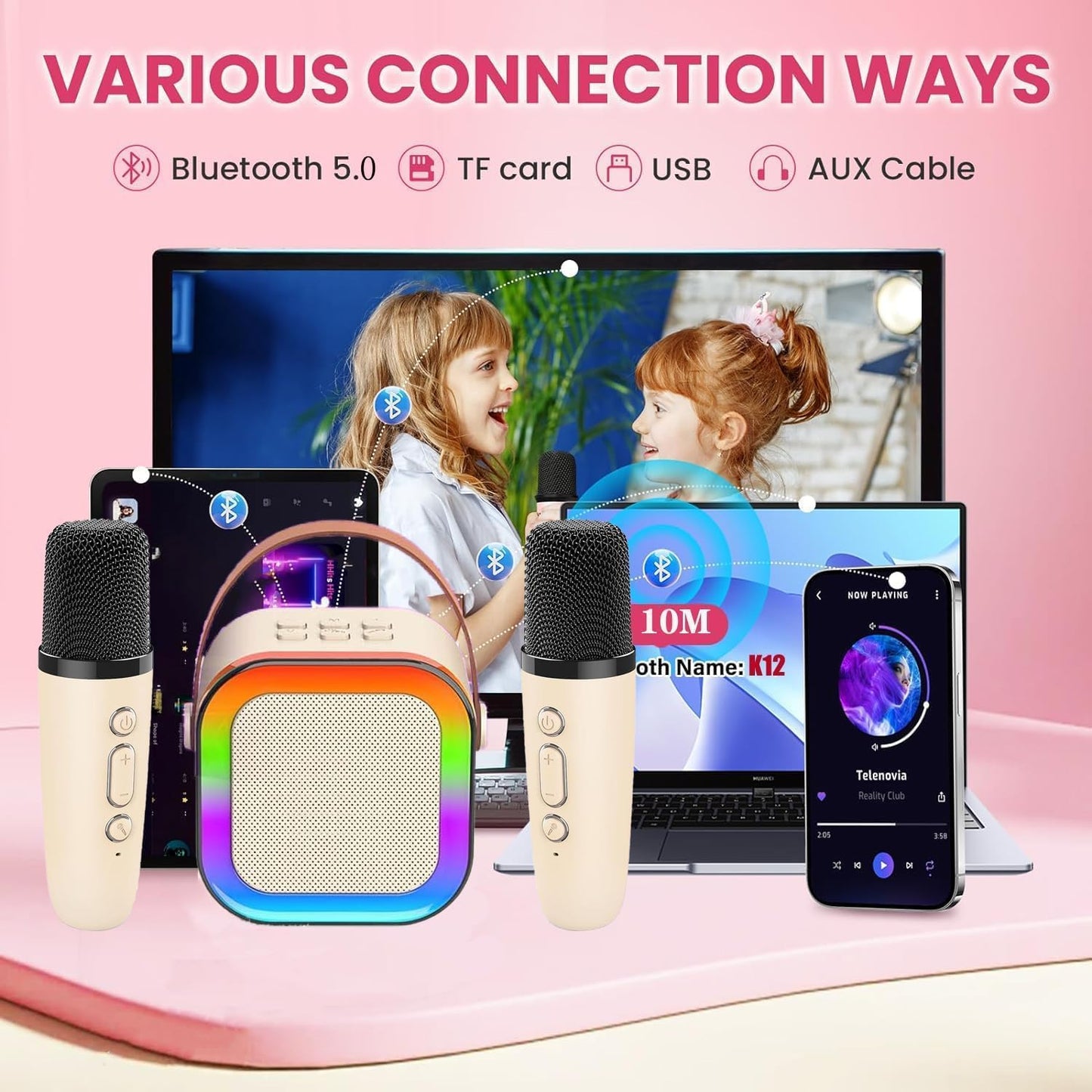 2 Mic Wireless Karaoke Speaker with Dual Mic, 6W Bluetooth Speaker with RGB Lighting for Party & Kids